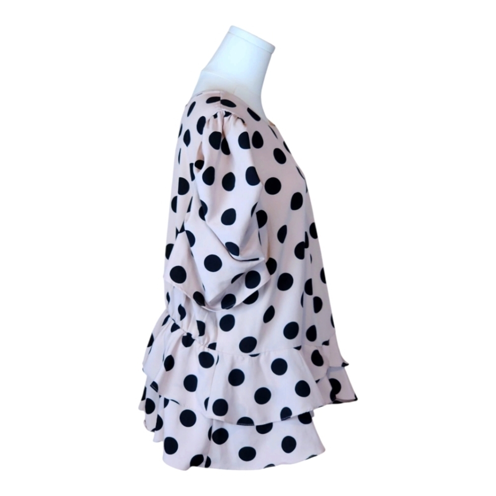 Milk & Honey Pink And Black Polka Dot Ruffle Blouse 2X Puff Sleeve Feminine - Picture 4 of 6